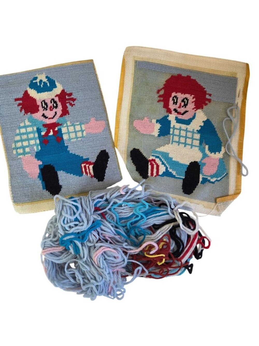 Vtg Raggedy Ann & Andy Needlepoint Canvases & Yarn Bundle Craft Work In Progress